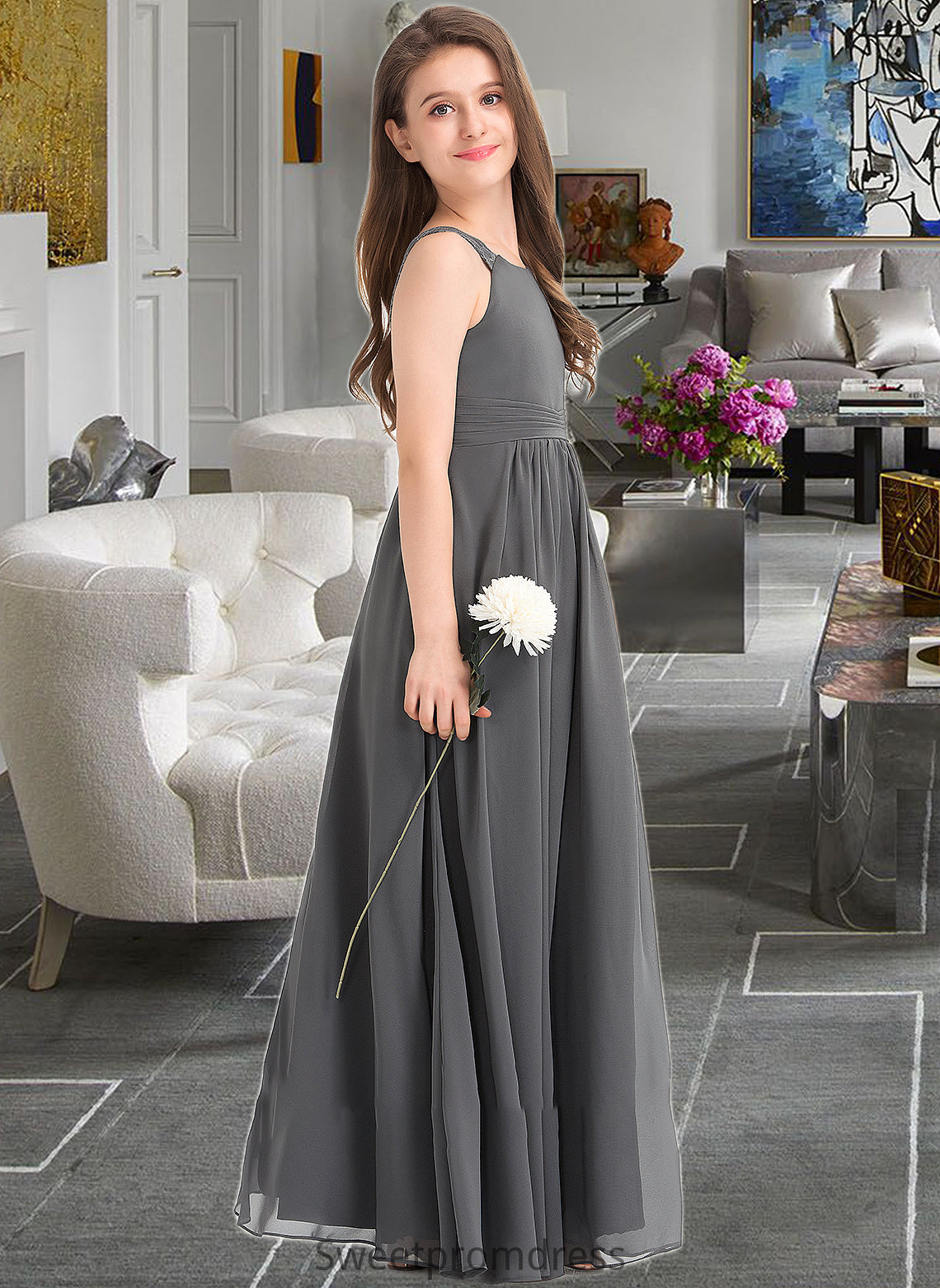 Kianna A-Line Scoop Neck Floor-Length Chiffon Junior Bridesmaid Dress With Ruffle Lace DHP0013625