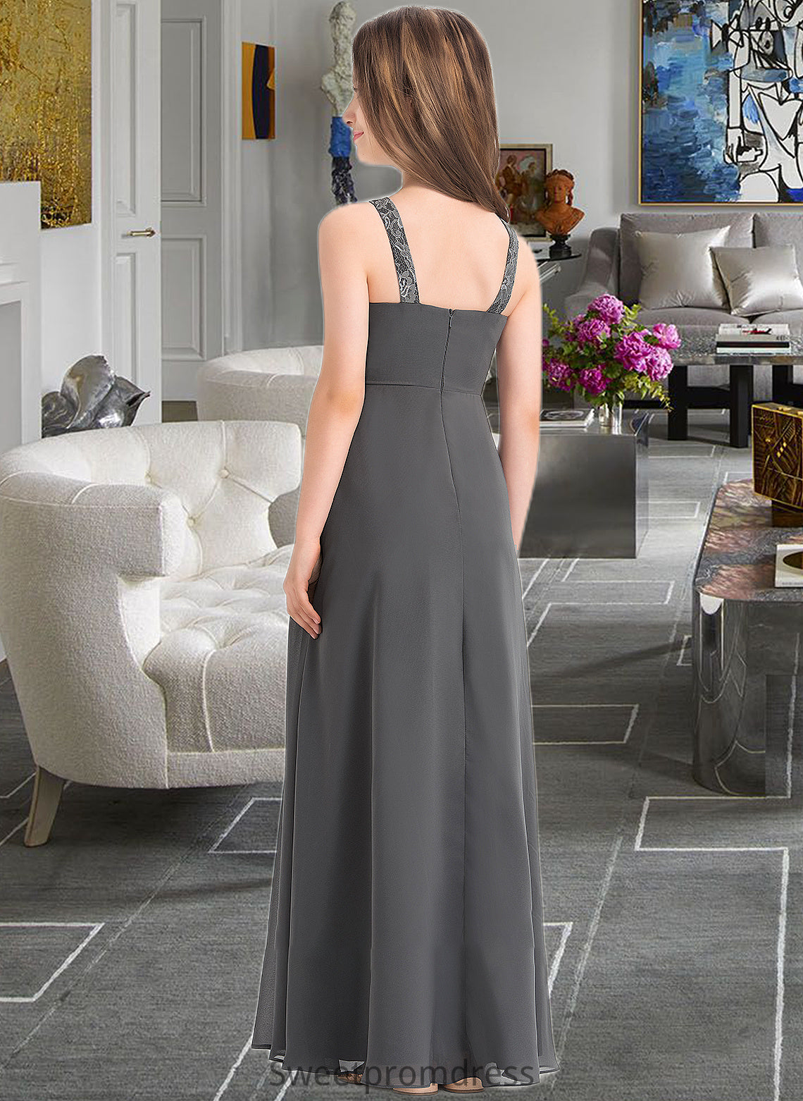 Kianna A-Line Scoop Neck Floor-Length Chiffon Junior Bridesmaid Dress With Ruffle Lace DHP0013625