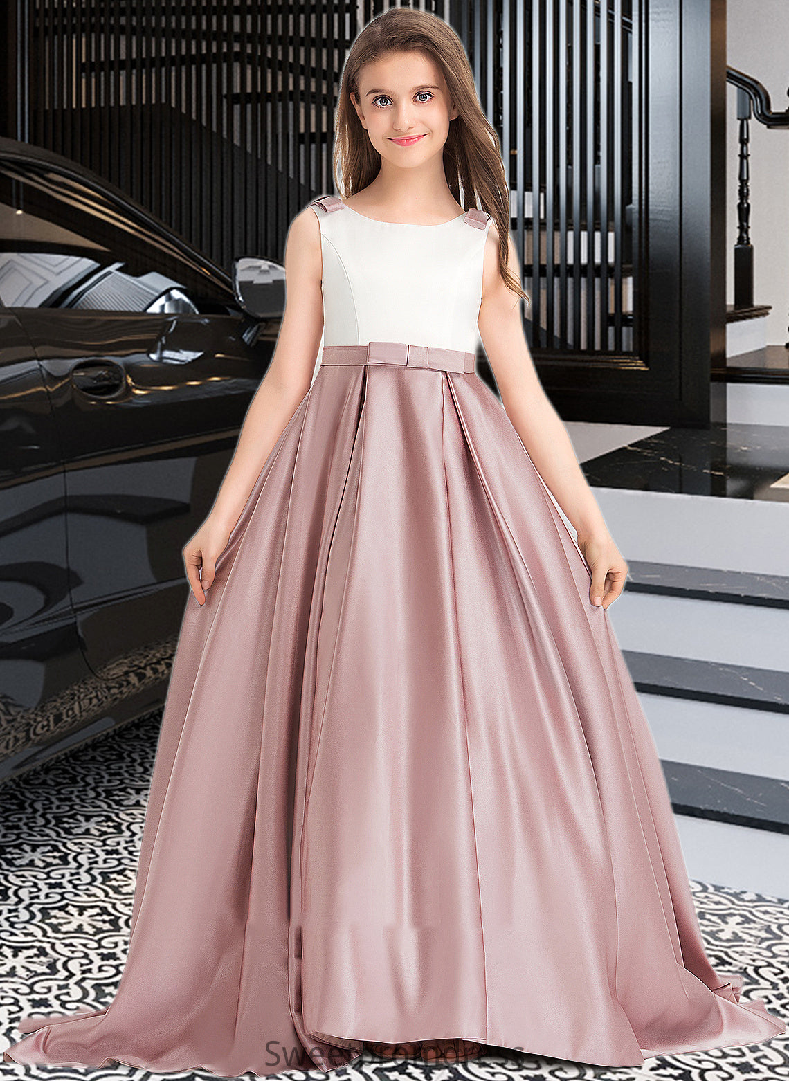 Jasmine Ball-Gown/Princess Scoop Neck Sweep Train Satin Junior Bridesmaid Dress With Bow(s) Pockets DHP0013626