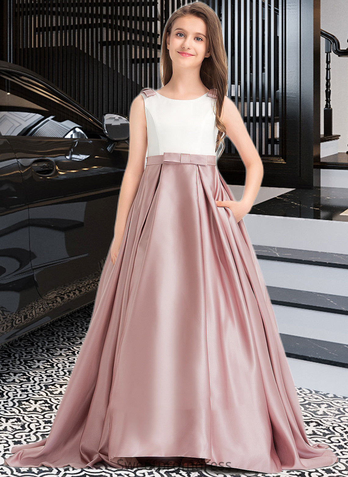 Jasmine Ball-Gown/Princess Scoop Neck Sweep Train Satin Junior Bridesmaid Dress With Bow(s) Pockets DHP0013626