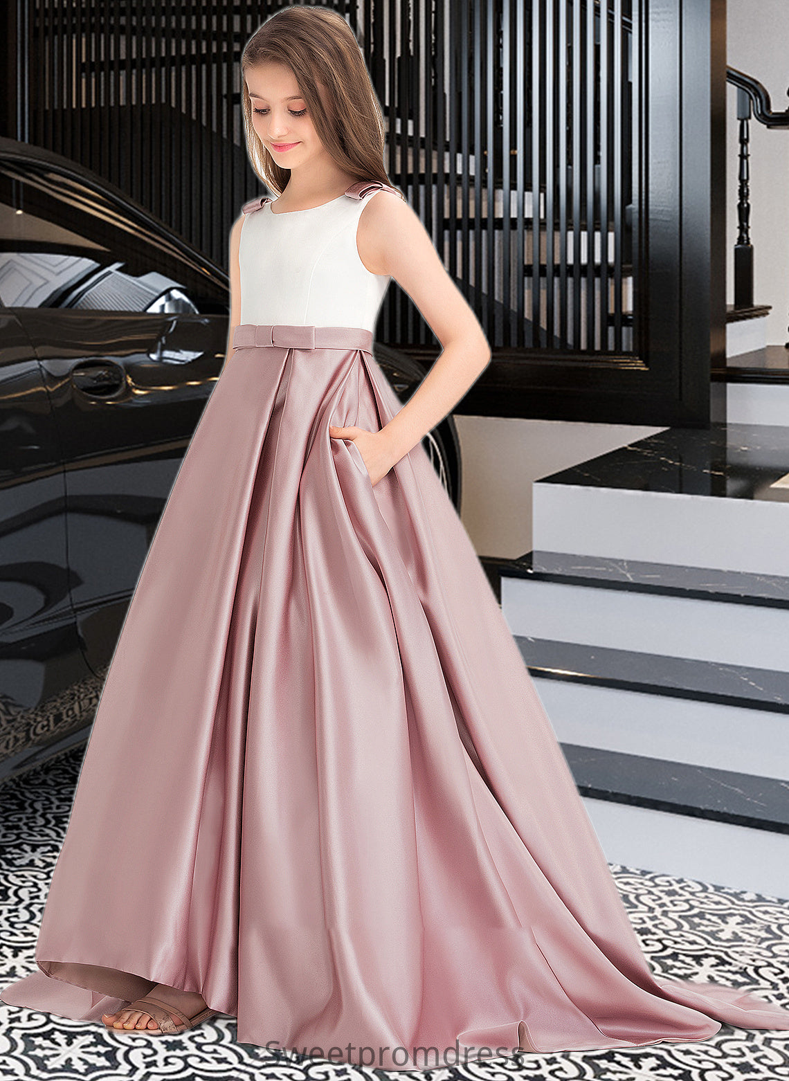 Jasmine Ball-Gown/Princess Scoop Neck Sweep Train Satin Junior Bridesmaid Dress With Bow(s) Pockets DHP0013626