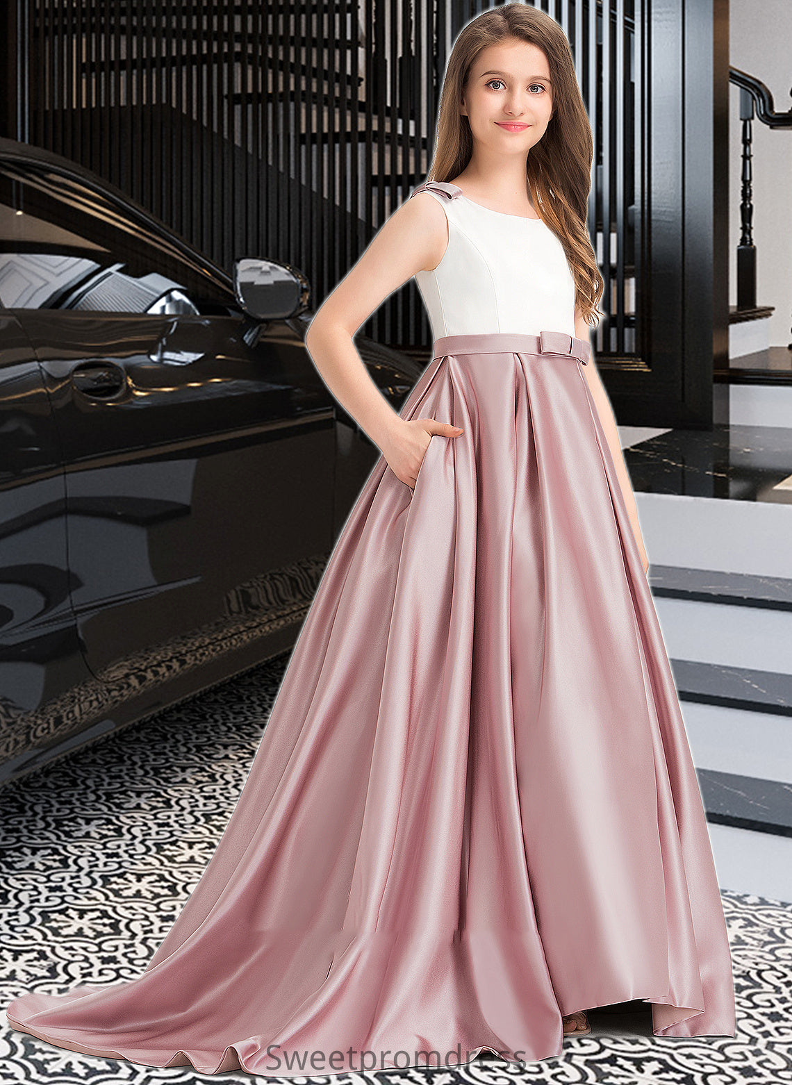 Jasmine Ball-Gown/Princess Scoop Neck Sweep Train Satin Junior Bridesmaid Dress With Bow(s) Pockets DHP0013626