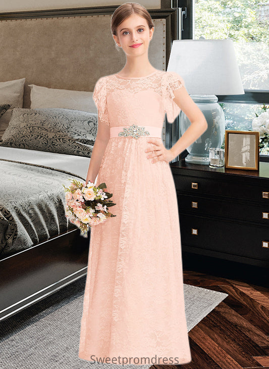 Paola A-Line Scoop Neck Floor-Length Lace Junior Bridesmaid Dress With Beading Bow(s) Cascading Ruffles DHP0013627