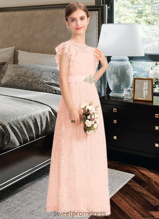 Paola A-Line Scoop Neck Floor-Length Lace Junior Bridesmaid Dress With Beading Bow(s) Cascading Ruffles DHP0013627