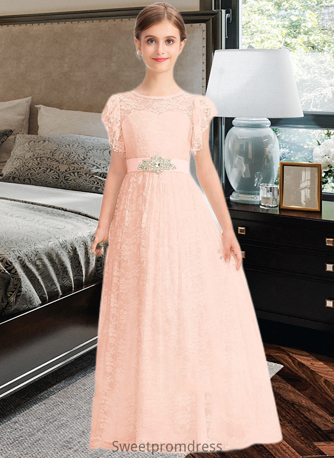 Paola A-Line Scoop Neck Floor-Length Lace Junior Bridesmaid Dress With Beading Bow(s) Cascading Ruffles DHP0013627