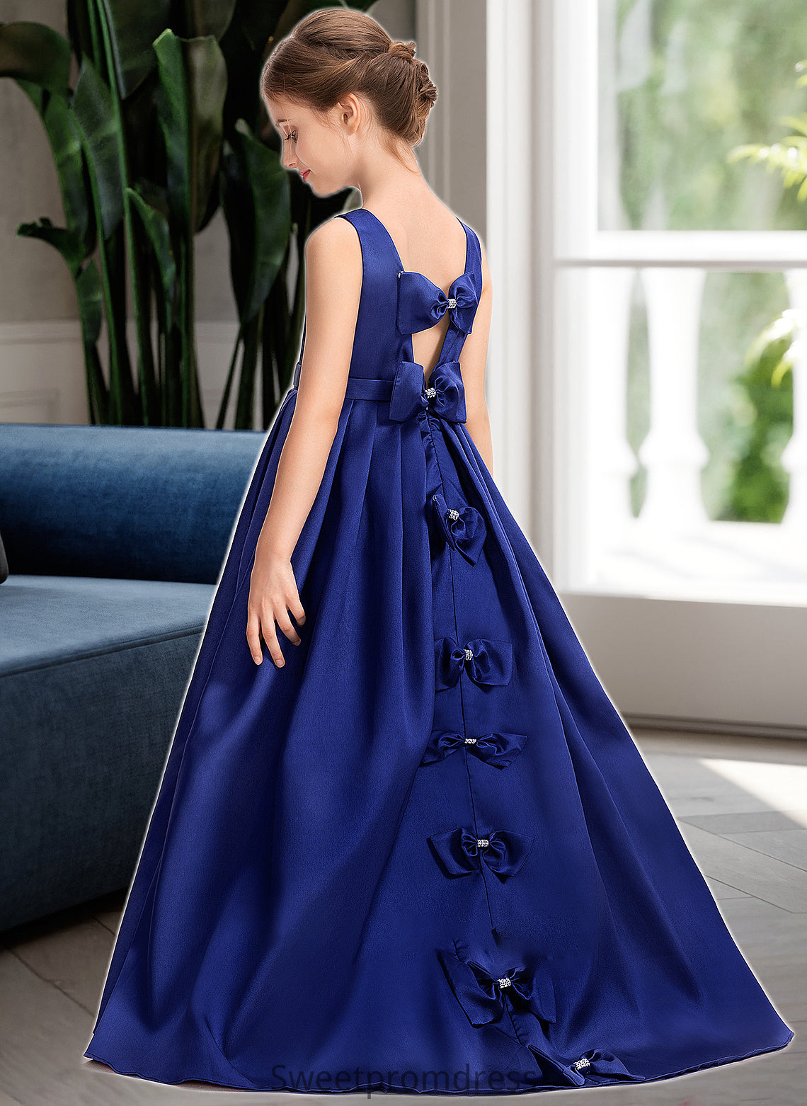 Whitney Ball-Gown/Princess Scoop Neck Sweep Train Satin Junior Bridesmaid Dress With Bow(s) DHP0013628