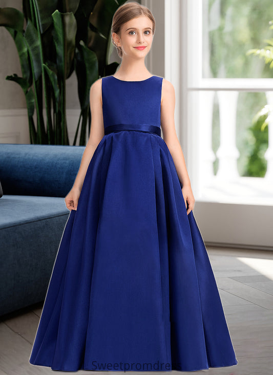 Whitney Ball-Gown/Princess Scoop Neck Sweep Train Satin Junior Bridesmaid Dress With Bow(s) DHP0013628