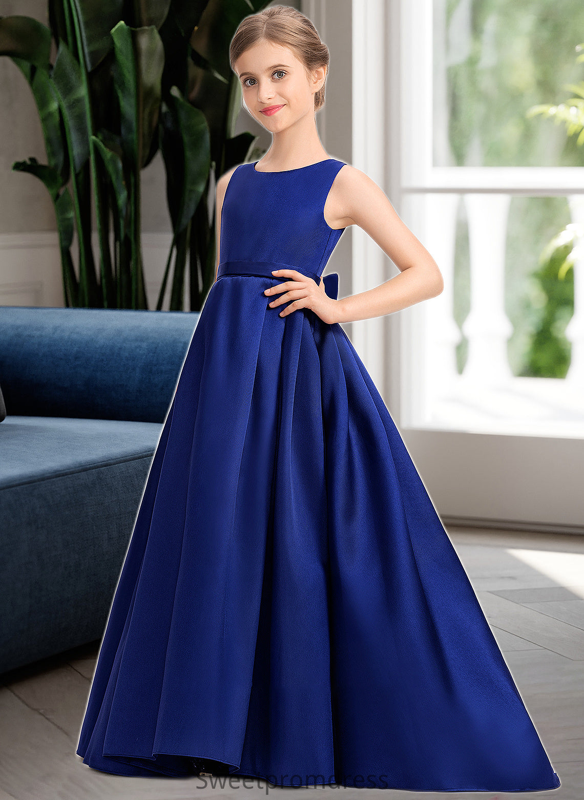 Whitney Ball-Gown/Princess Scoop Neck Sweep Train Satin Junior Bridesmaid Dress With Bow(s) DHP0013628