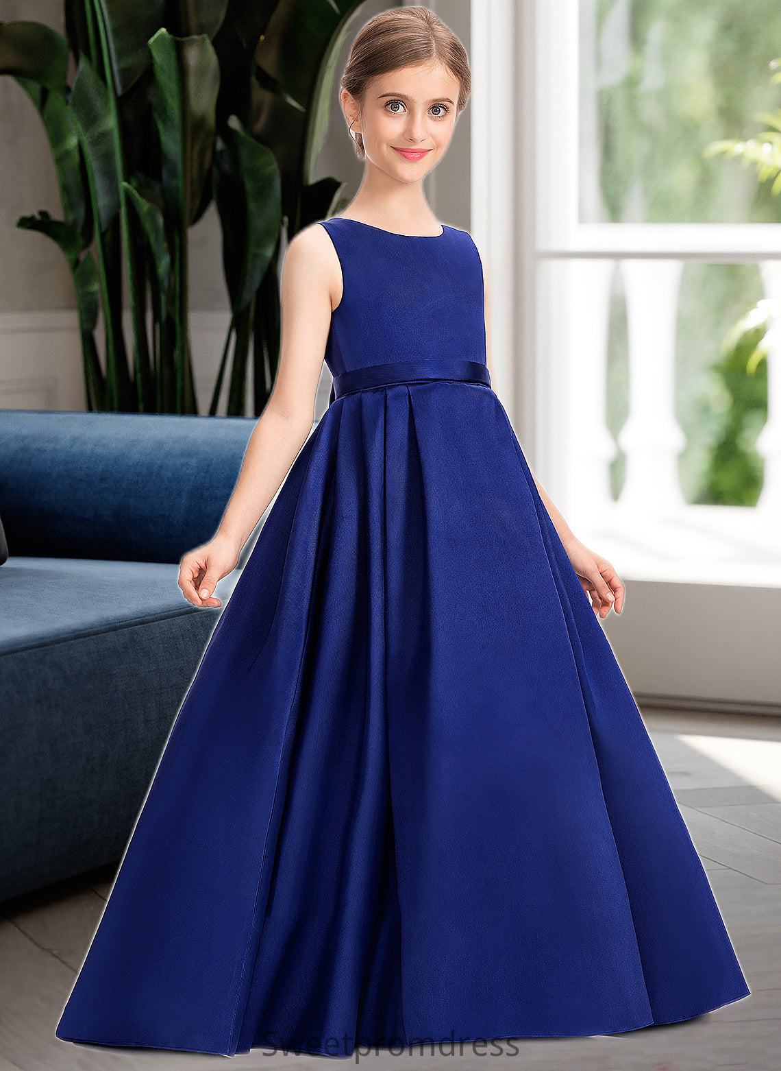 Whitney Ball-Gown/Princess Scoop Neck Sweep Train Satin Junior Bridesmaid Dress With Bow(s) DHP0013628