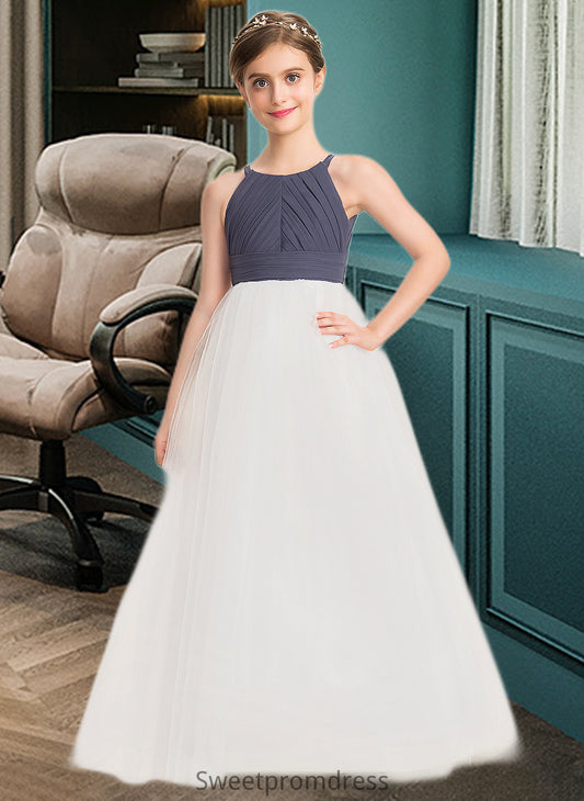 Liliana A-Line Scoop Neck Floor-Length Chiffon Tulle Junior Bridesmaid Dress With Ruffle DHP0013629