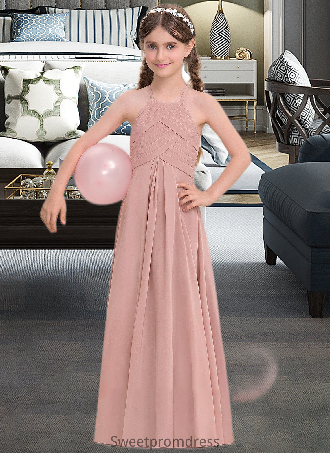 Emilie A-Line Scoop Neck Floor-Length Chiffon Junior Bridesmaid Dress With Ruffle DHP0013632