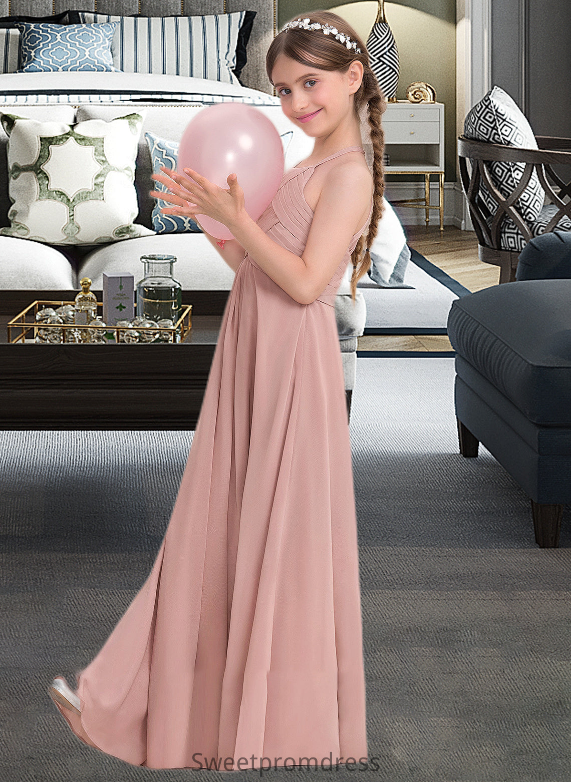 Emilie A-Line Scoop Neck Floor-Length Chiffon Junior Bridesmaid Dress With Ruffle DHP0013632