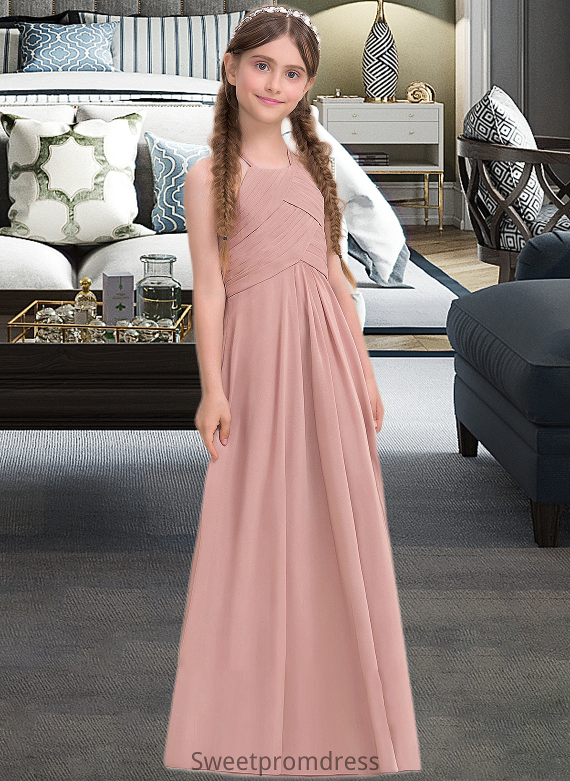 Emilie A-Line Scoop Neck Floor-Length Chiffon Junior Bridesmaid Dress With Ruffle DHP0013632