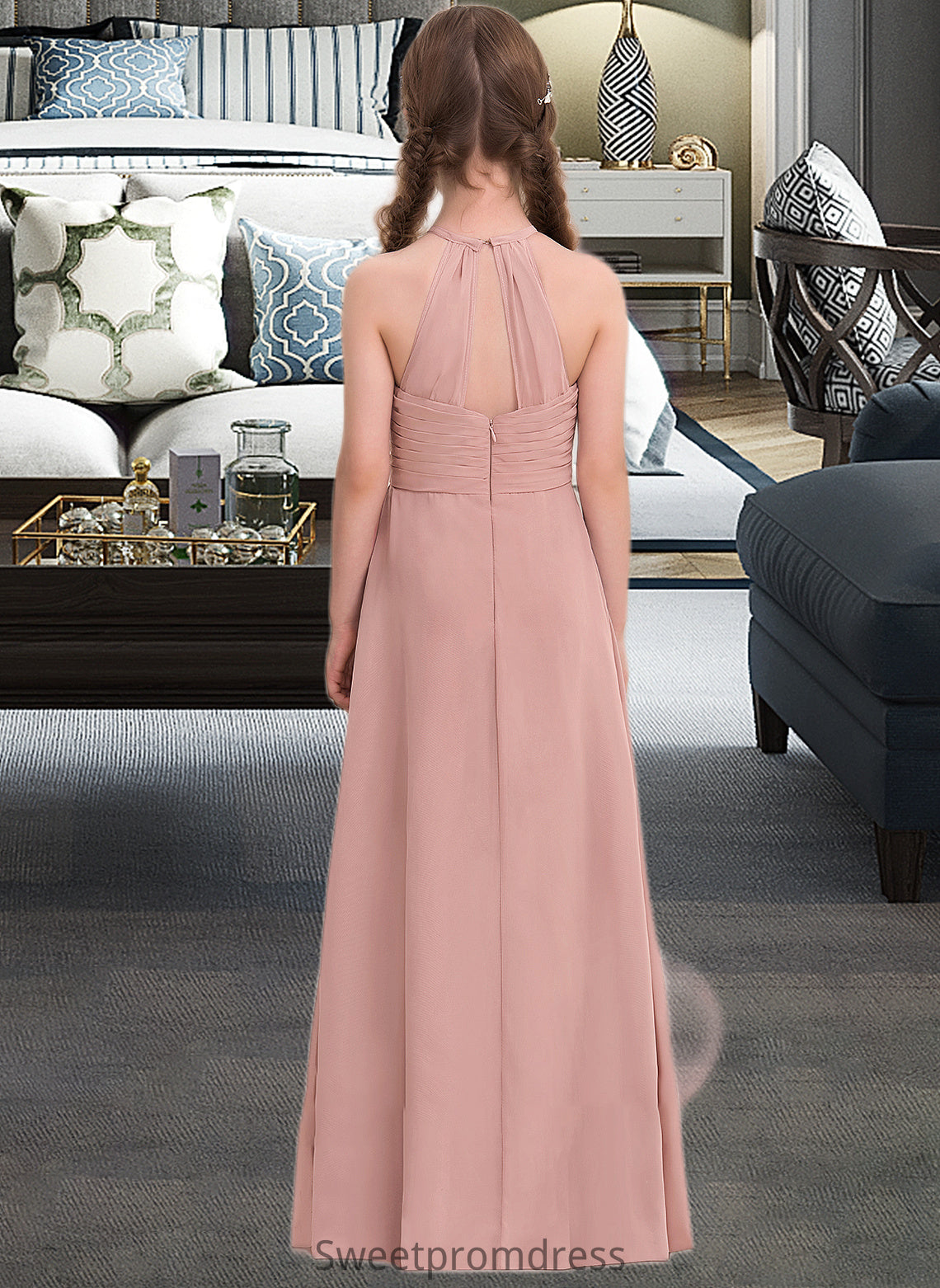 Emilie A-Line Scoop Neck Floor-Length Chiffon Junior Bridesmaid Dress With Ruffle DHP0013632