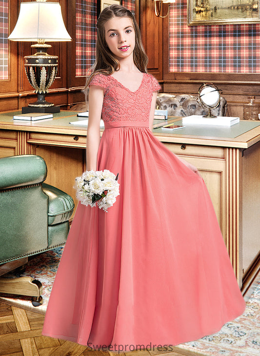 Juliet A-Line V-neck Floor-Length Chiffon Lace Junior Bridesmaid Dress DHP0013634