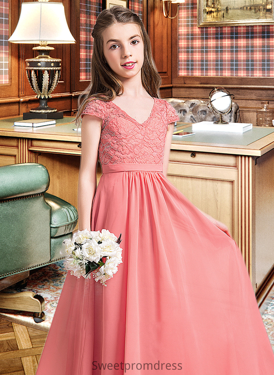 Juliet A-Line V-neck Floor-Length Chiffon Lace Junior Bridesmaid Dress DHP0013634