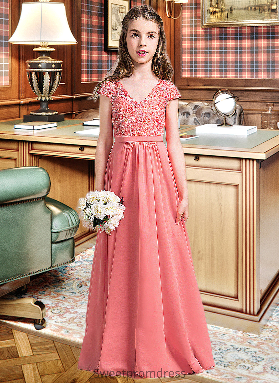 Juliet A-Line V-neck Floor-Length Chiffon Lace Junior Bridesmaid Dress DHP0013634