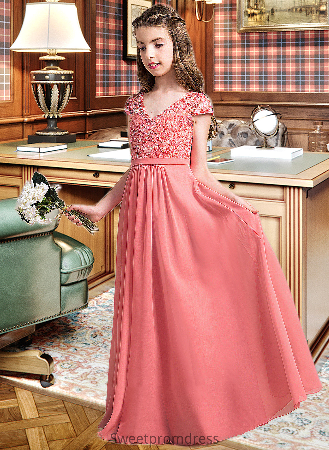 Juliet A-Line V-neck Floor-Length Chiffon Lace Junior Bridesmaid Dress DHP0013634