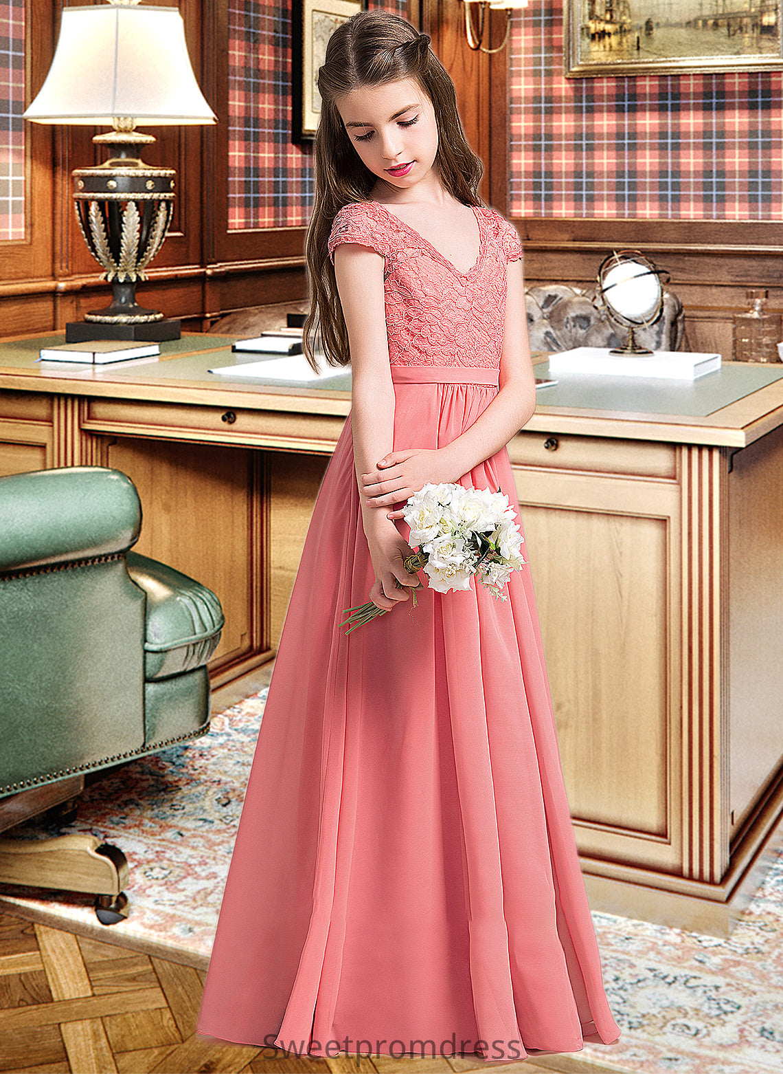 Juliet A-Line V-neck Floor-Length Chiffon Lace Junior Bridesmaid Dress DHP0013634