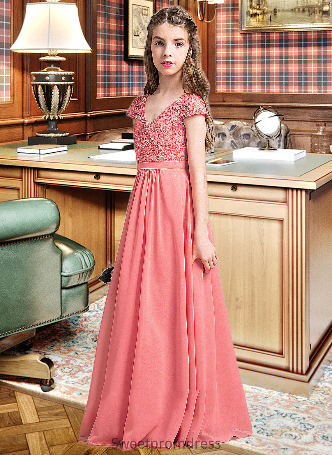 Juliet A-Line V-neck Floor-Length Chiffon Lace Junior Bridesmaid Dress DHP0013634