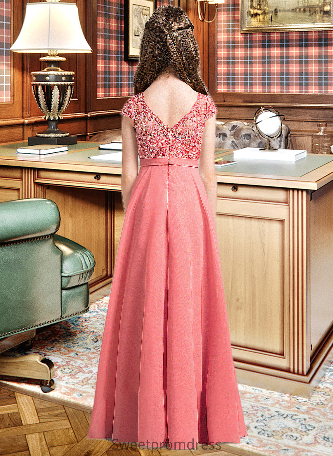 Juliet A-Line V-neck Floor-Length Chiffon Lace Junior Bridesmaid Dress DHP0013634