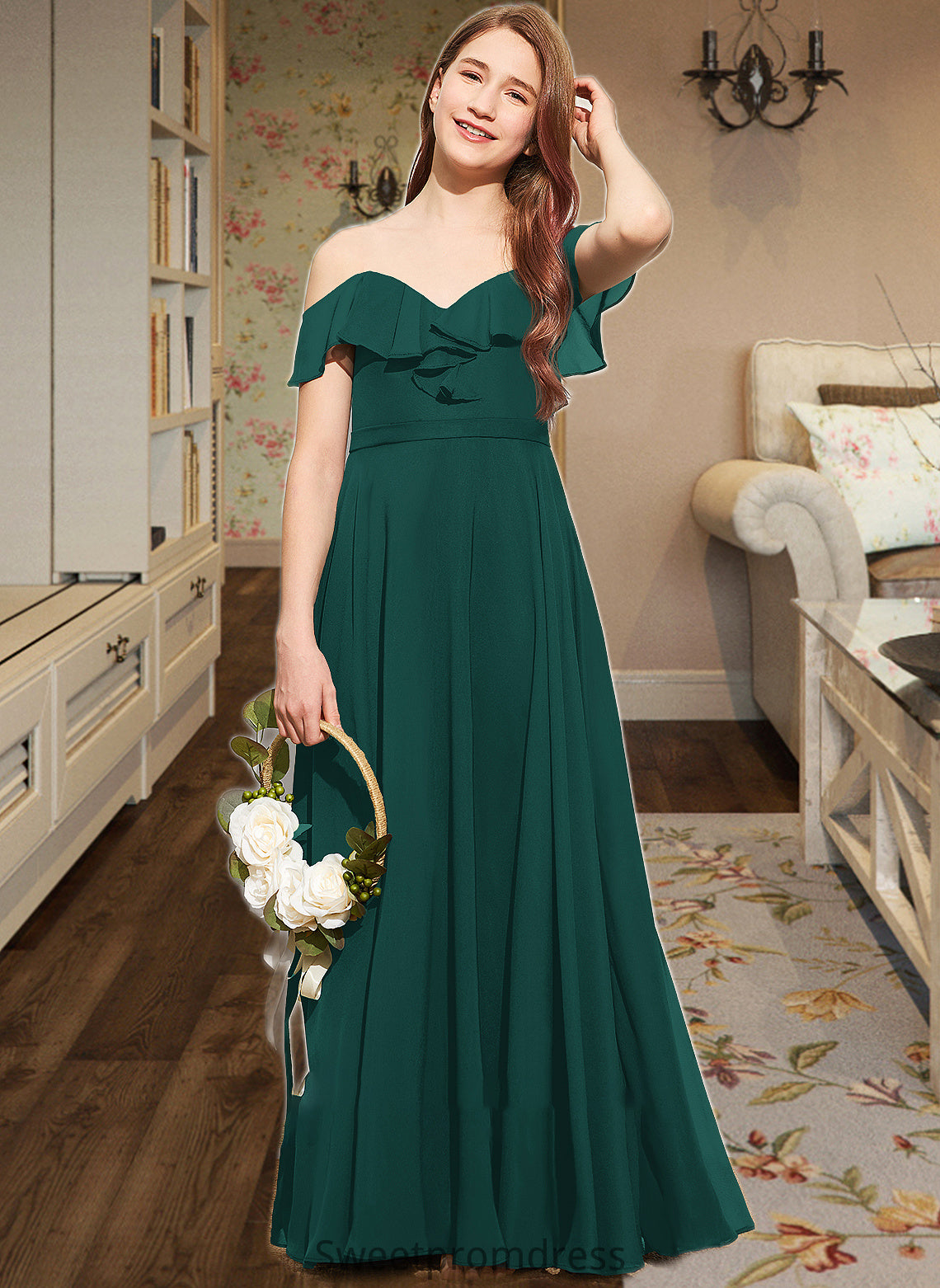 Trudie A-Line Off-the-Shoulder Floor-Length Chiffon Junior Bridesmaid Dress With Cascading Ruffles DHP0013635