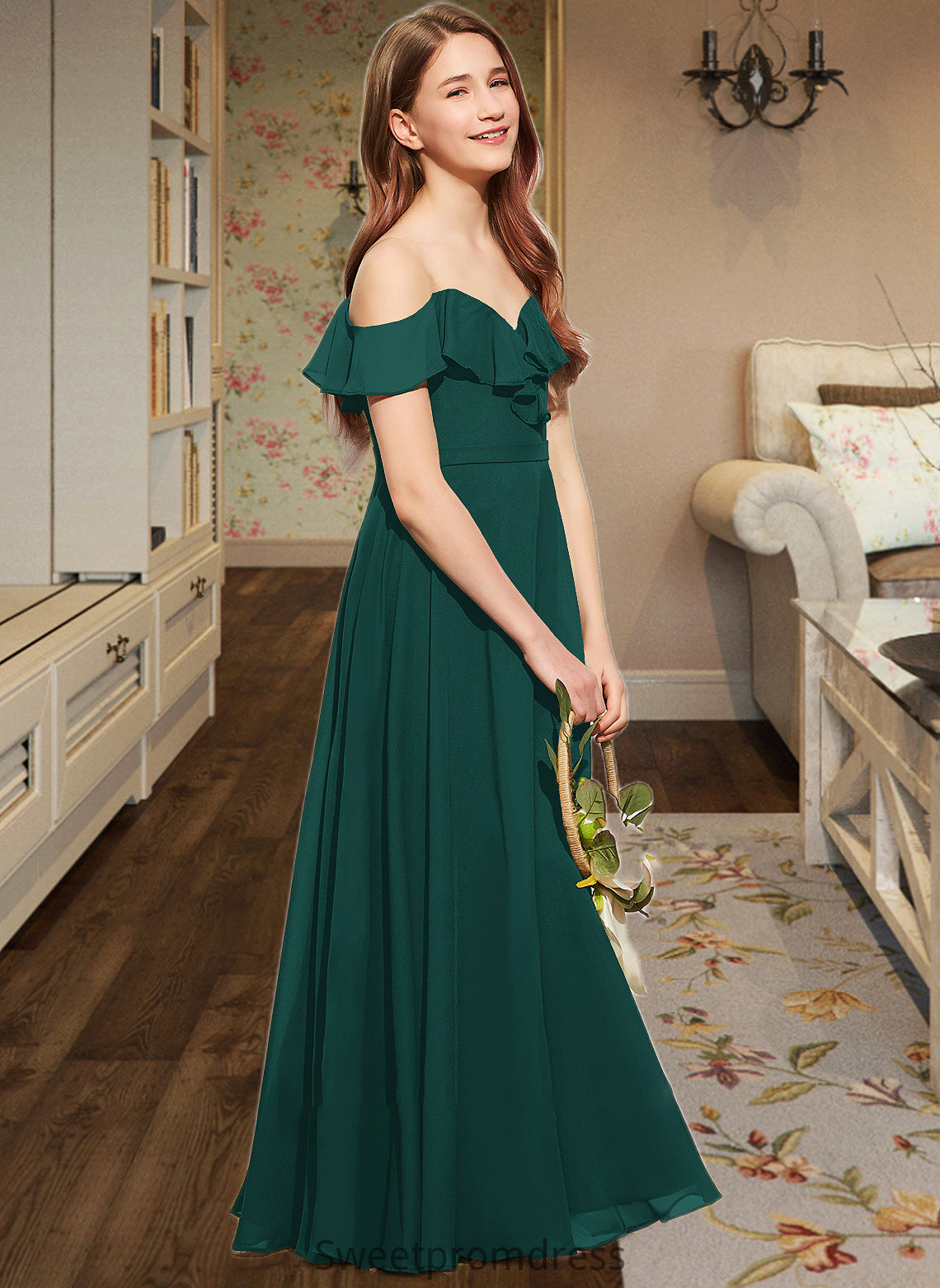 Trudie A-Line Off-the-Shoulder Floor-Length Chiffon Junior Bridesmaid Dress With Cascading Ruffles DHP0013635