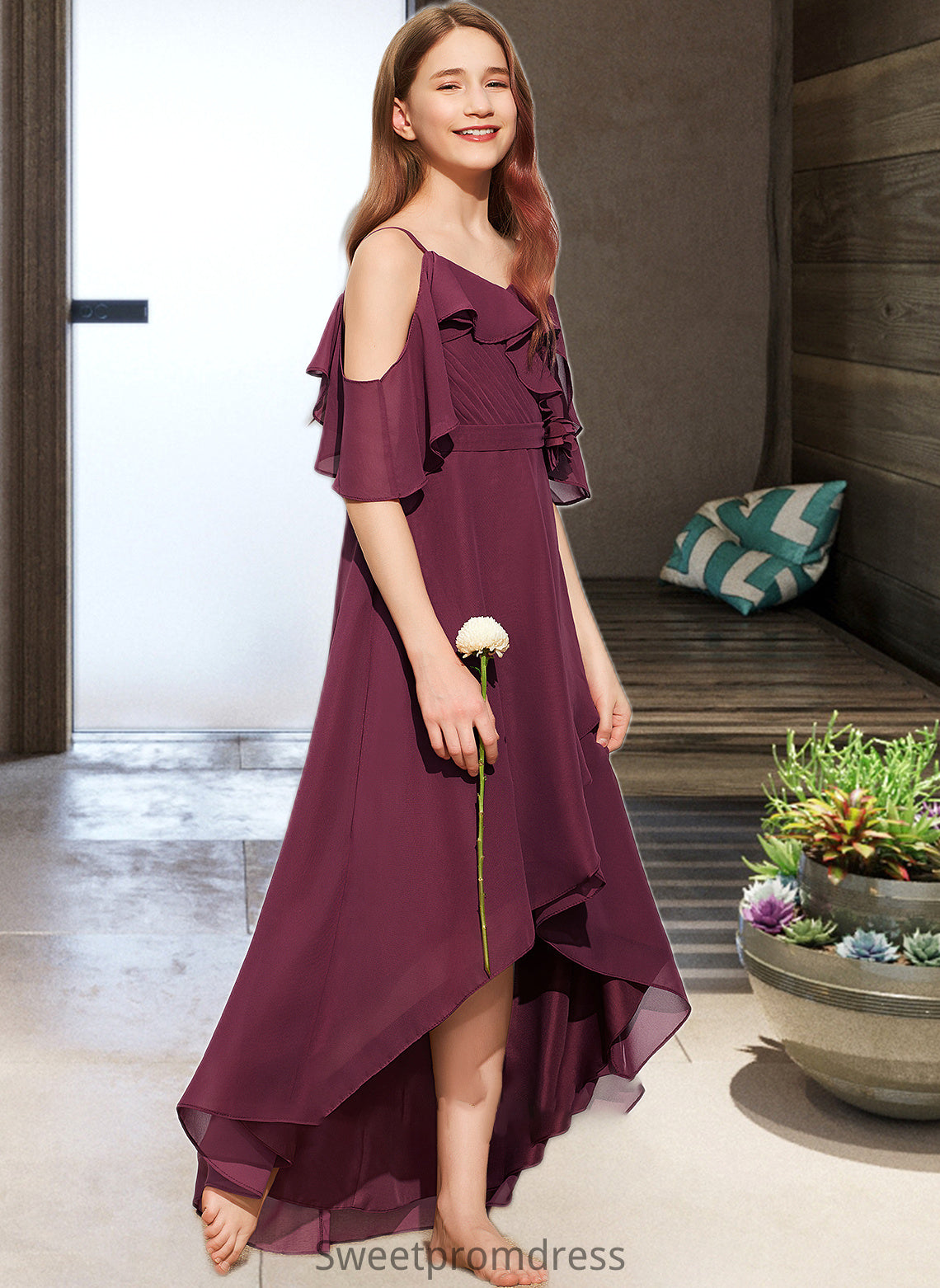 Keyla A-Line Off-the-Shoulder Asymmetrical Chiffon Junior Bridesmaid Dress With Cascading Ruffles DHP0013636