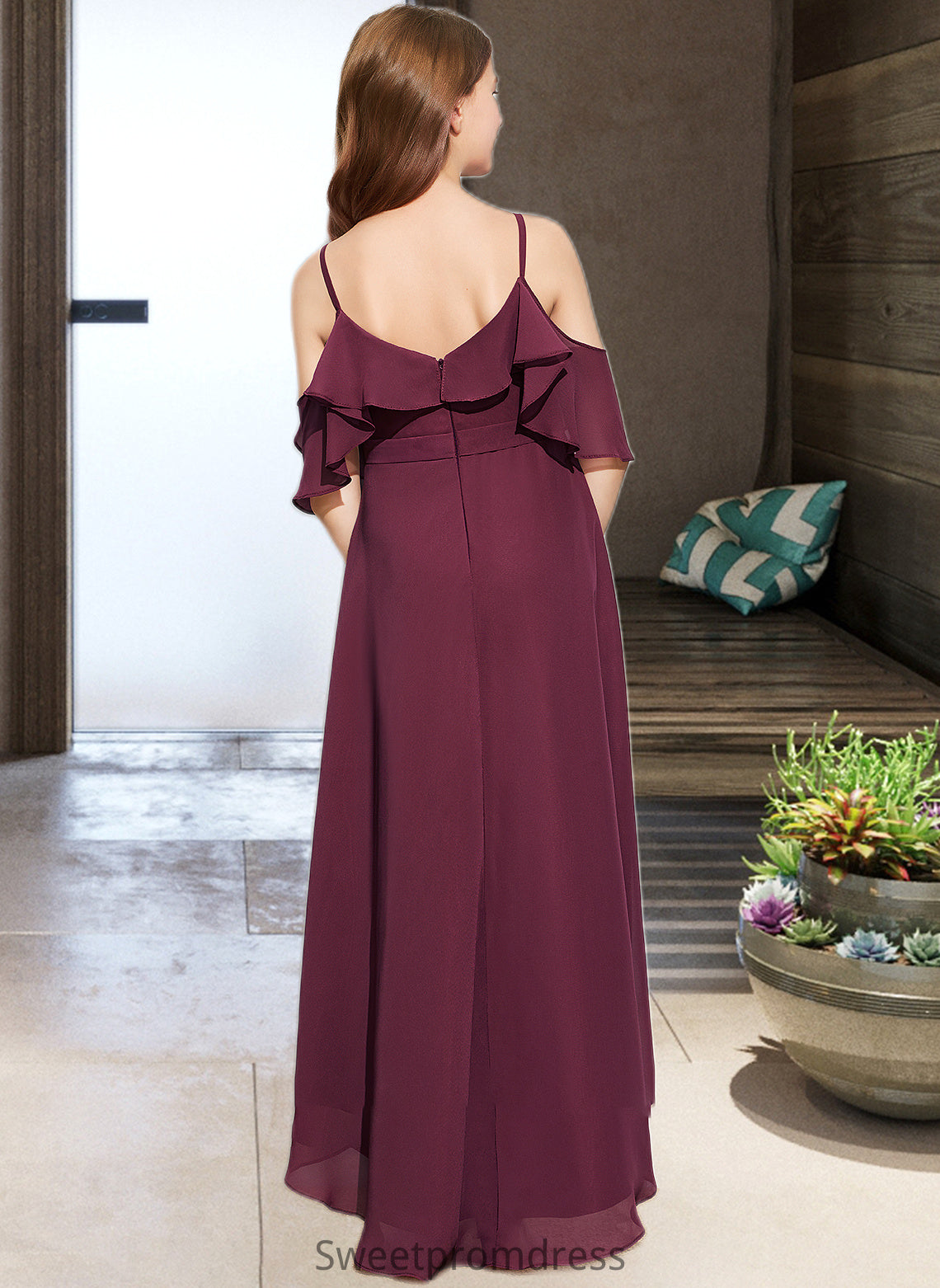 Keyla A-Line Off-the-Shoulder Asymmetrical Chiffon Junior Bridesmaid Dress With Cascading Ruffles DHP0013636