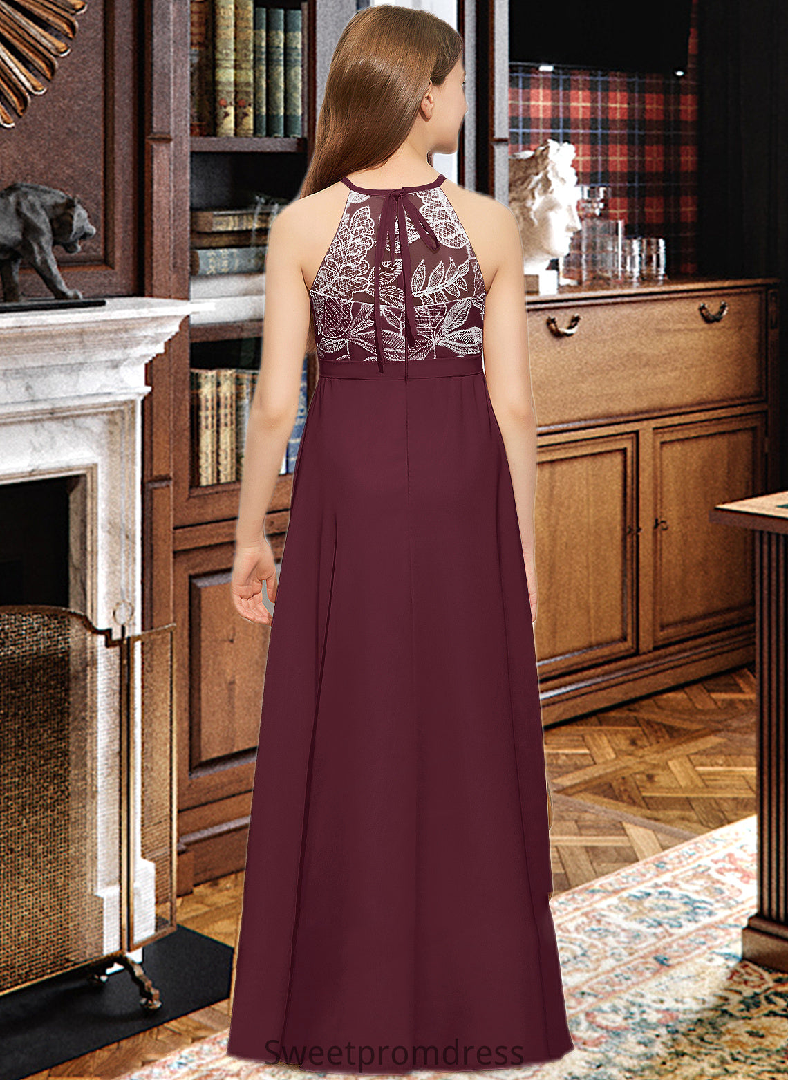 Scarlet A-Line Scoop Neck Floor-Length Chiffon Lace Junior Bridesmaid Dress With Bow(s) DHP0013637