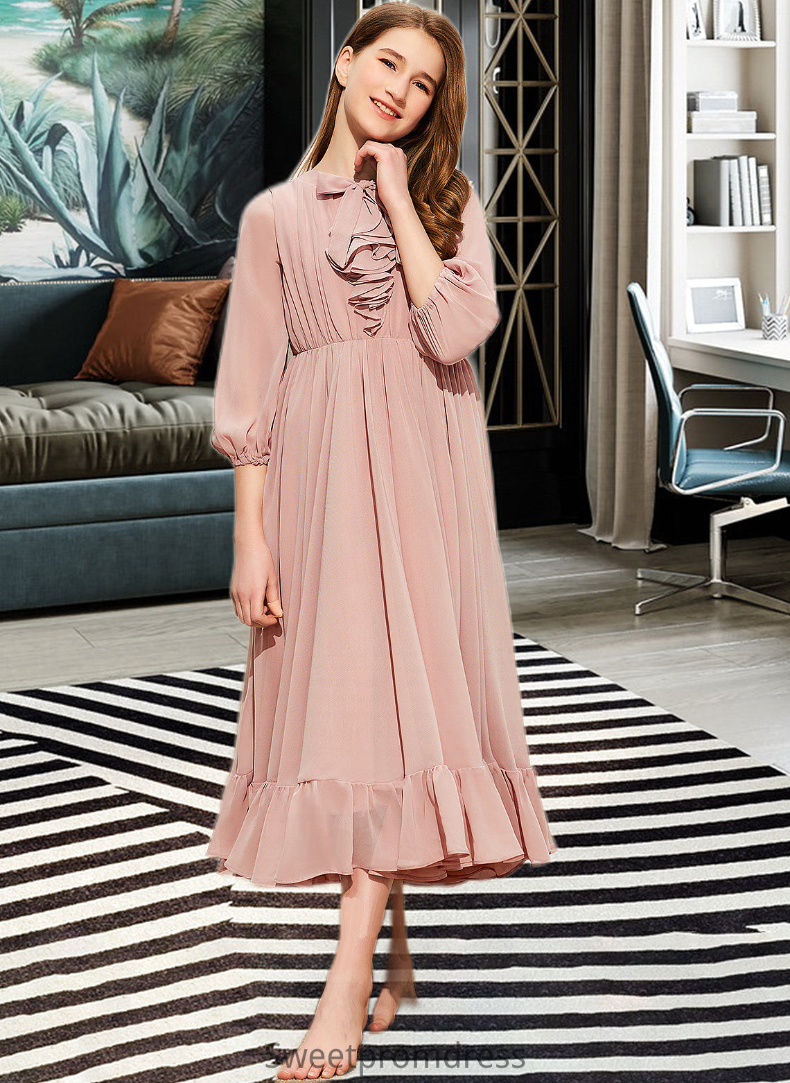 Myla A-Line Scoop Neck Tea-Length Chiffon Junior Bridesmaid Dress With Bow(s) Cascading Ruffles DHP0013638