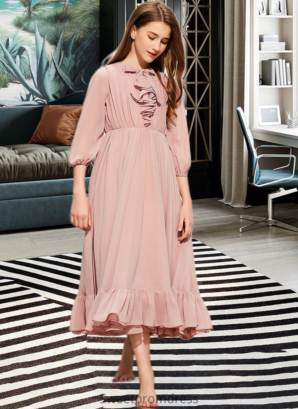 Myla A-Line Scoop Neck Tea-Length Chiffon Junior Bridesmaid Dress With Bow(s) Cascading Ruffles DHP0013638