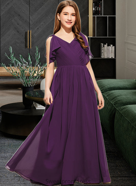 Toni A-Line V-neck Floor-Length Chiffon Junior Bridesmaid Dress With Bow(s) Cascading Ruffles DHP0013639