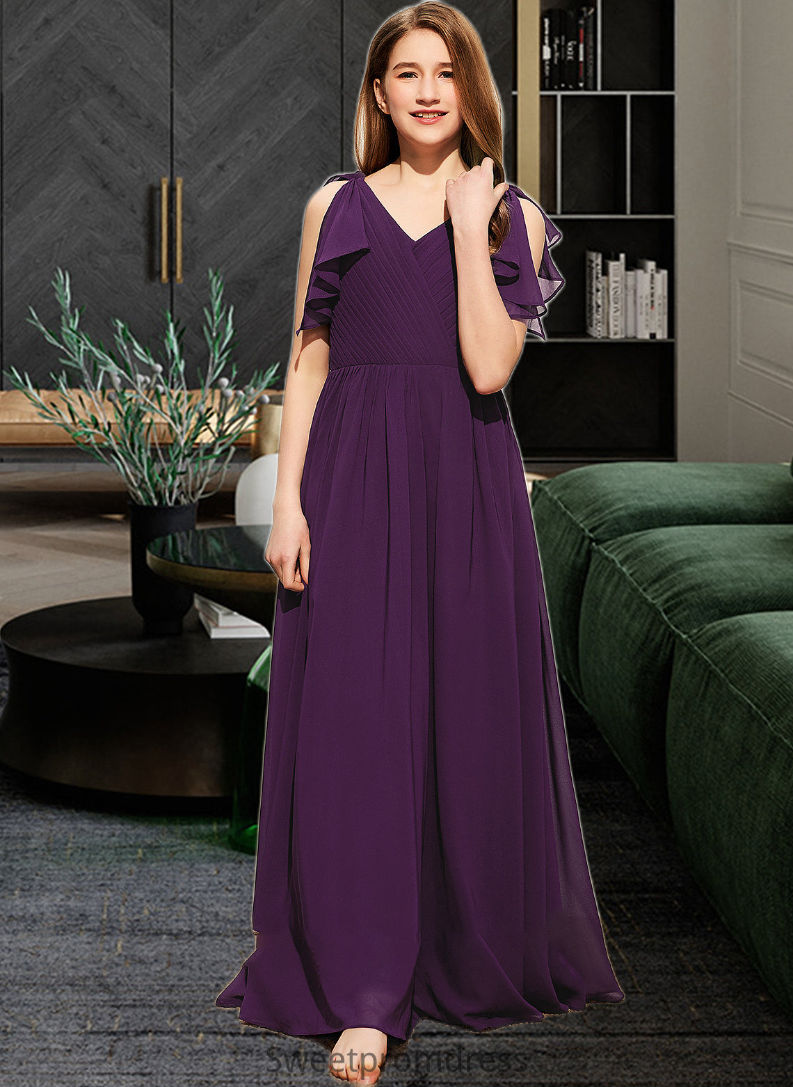 Toni A-Line V-neck Floor-Length Chiffon Junior Bridesmaid Dress With Bow(s) Cascading Ruffles DHP0013639