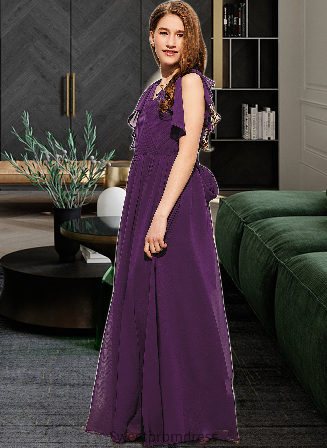 Toni A-Line V-neck Floor-Length Chiffon Junior Bridesmaid Dress With Bow(s) Cascading Ruffles DHP0013639