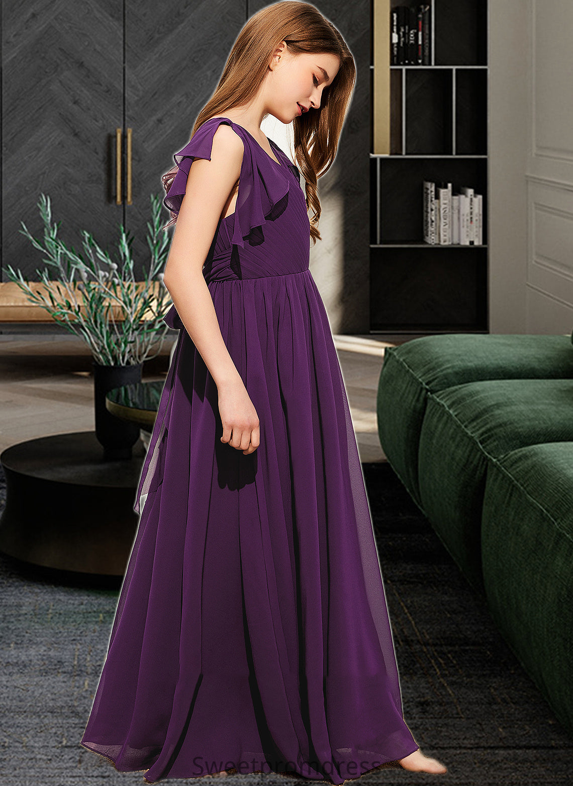 Toni A-Line V-neck Floor-Length Chiffon Junior Bridesmaid Dress With Bow(s) Cascading Ruffles DHP0013639