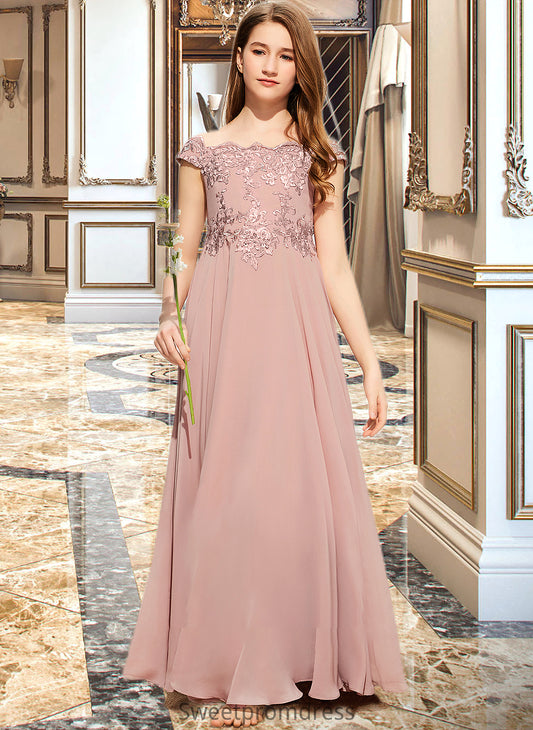 Leanna A-Line Off-the-Shoulder Floor-Length Chiffon Lace Junior Bridesmaid Dress DHP0013640