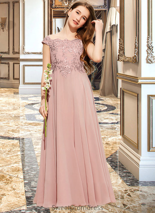 Leanna A-Line Off-the-Shoulder Floor-Length Chiffon Lace Junior Bridesmaid Dress DHP0013640