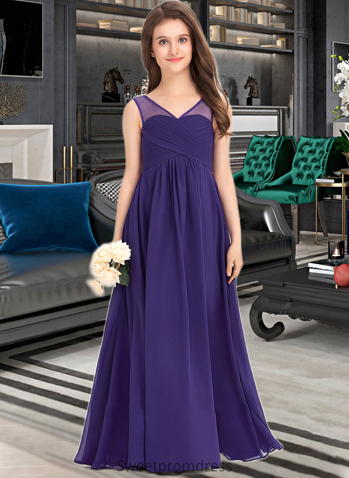 Emily A-Line V-neck Floor-Length Chiffon Junior Bridesmaid Dress With Ruffle DHP0013642