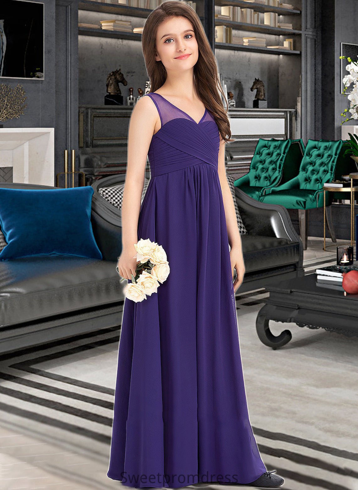 Emily A-Line V-neck Floor-Length Chiffon Junior Bridesmaid Dress With Ruffle DHP0013642