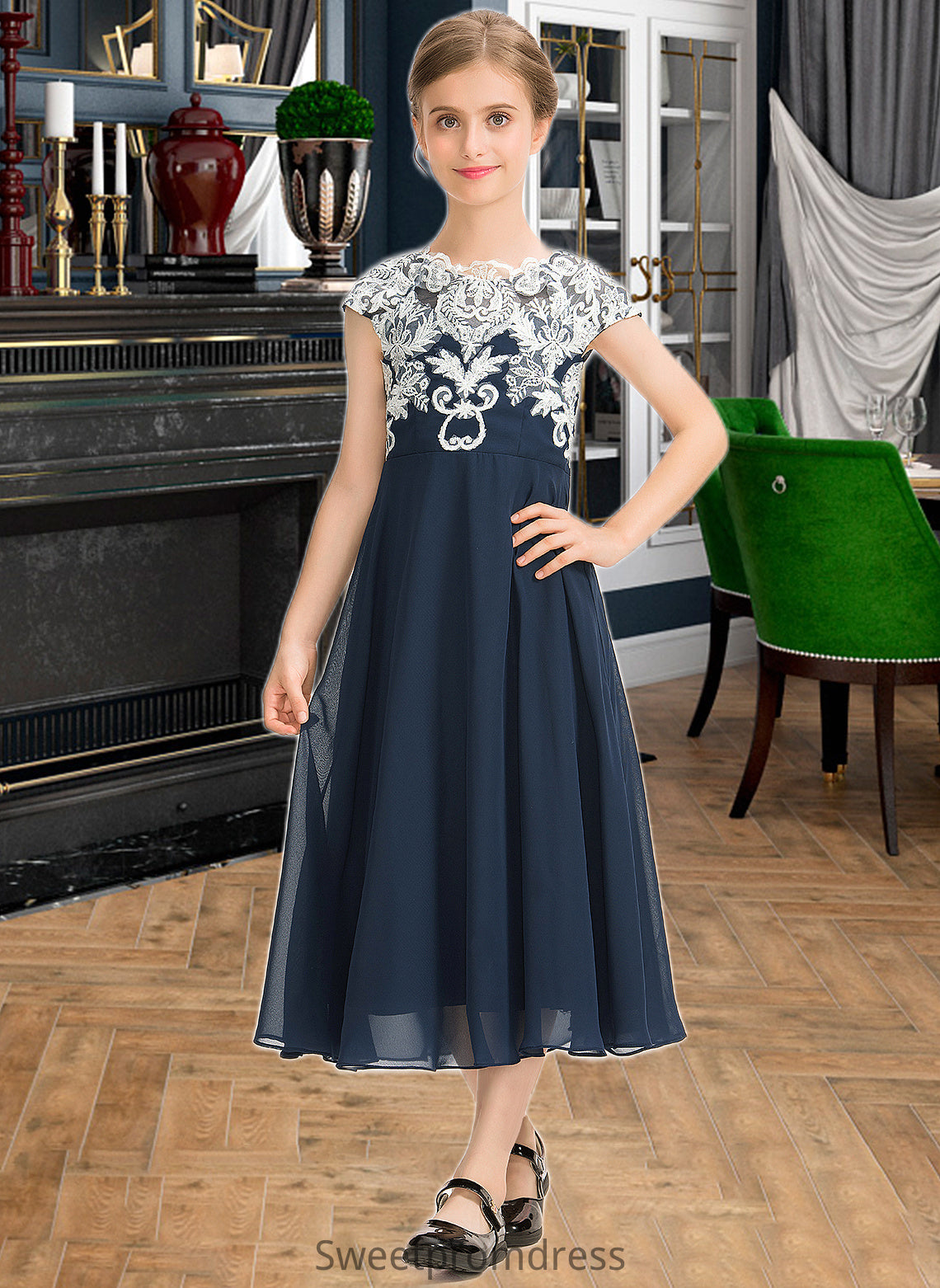 Amaya A-Line Scoop Neck Tea-Length Chiffon Lace Junior Bridesmaid Dress DHP0013643