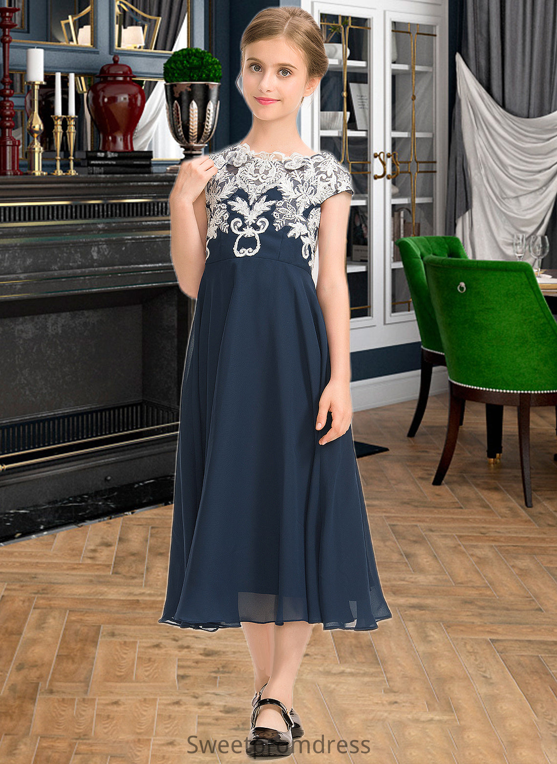 Amaya A-Line Scoop Neck Tea-Length Chiffon Lace Junior Bridesmaid Dress DHP0013643