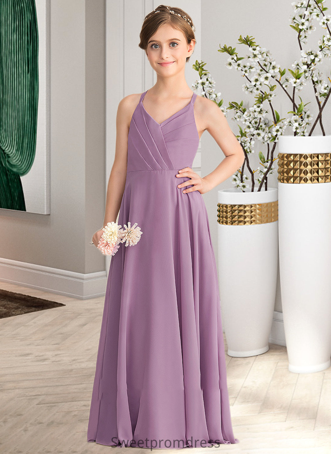 Alanna A-Line V-neck Floor-Length Chiffon Junior Bridesmaid Dress With Cascading Ruffles DHP0013644