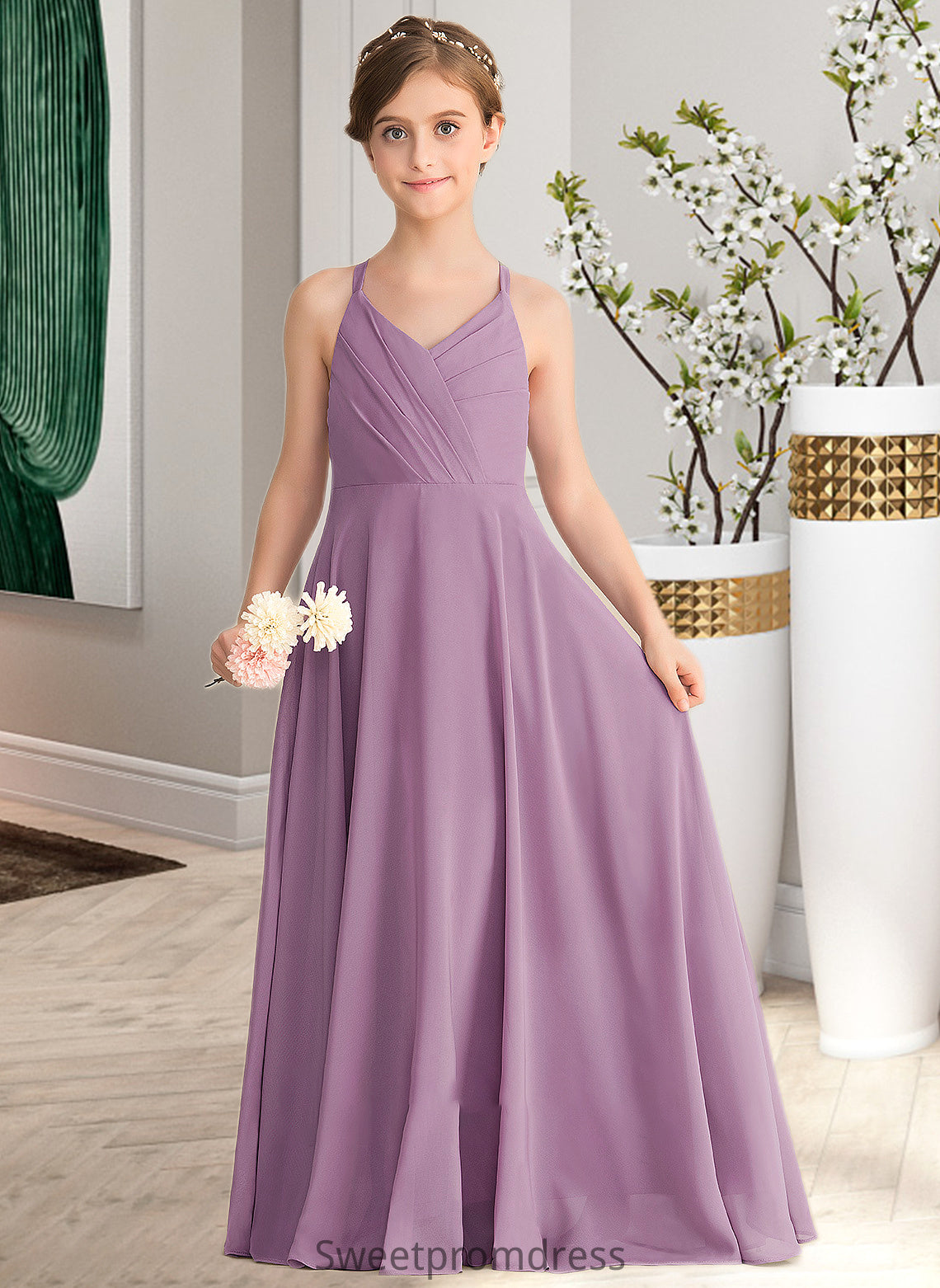 Alanna A-Line V-neck Floor-Length Chiffon Junior Bridesmaid Dress With Cascading Ruffles DHP0013644