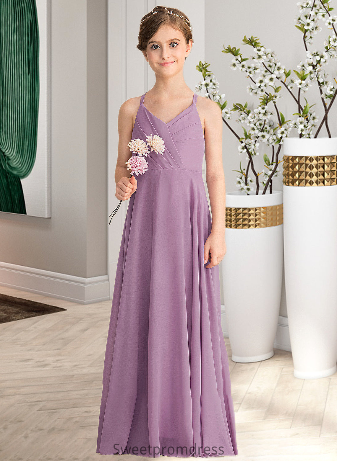 Alanna A-Line V-neck Floor-Length Chiffon Junior Bridesmaid Dress With Cascading Ruffles DHP0013644