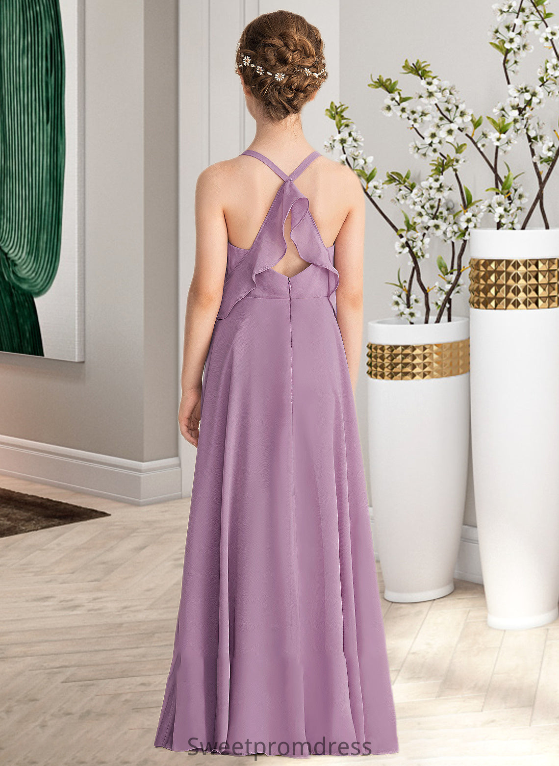 Alanna A-Line V-neck Floor-Length Chiffon Junior Bridesmaid Dress With Cascading Ruffles DHP0013644