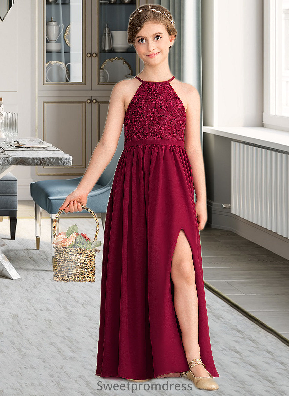 Val A-Line Scoop Neck Floor-Length Chiffon Lace Junior Bridesmaid Dress With Split Front DHP0013645