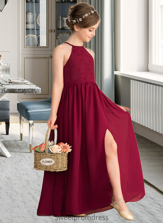 Val A-Line Scoop Neck Floor-Length Chiffon Lace Junior Bridesmaid Dress With Split Front DHP0013645