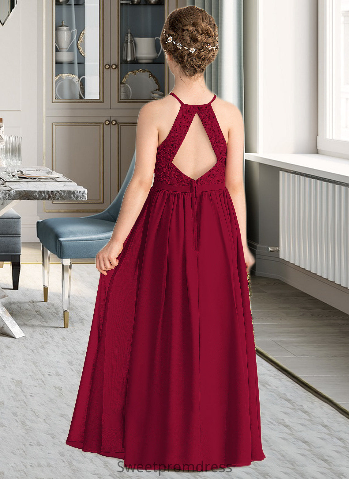 Val A-Line Scoop Neck Floor-Length Chiffon Lace Junior Bridesmaid Dress With Split Front DHP0013645