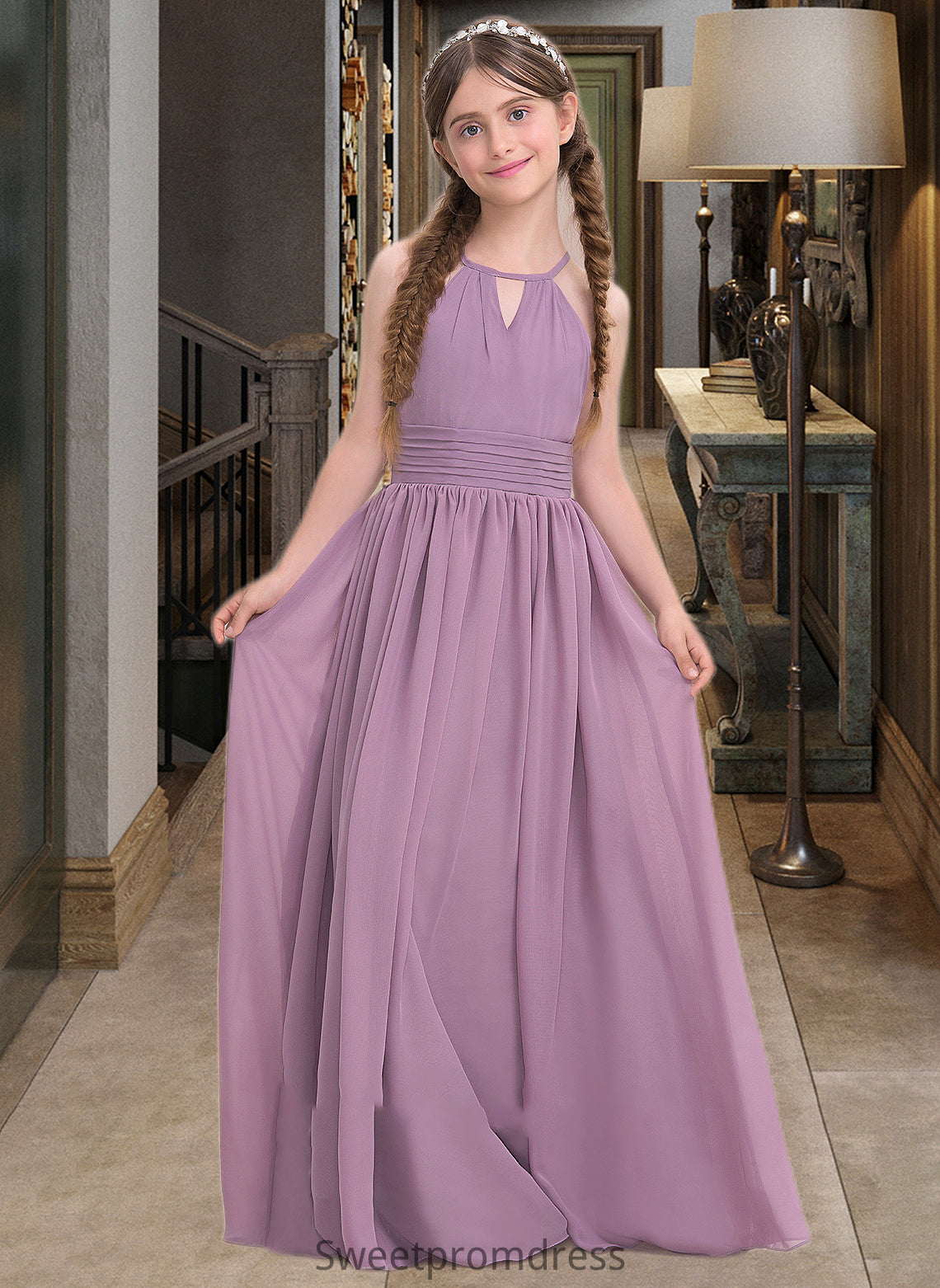 Magdalena A-LineScoopNeckFloor-LengthChiffonJuniorBridesmaidDressWithRuffle#119580 DHP0013647